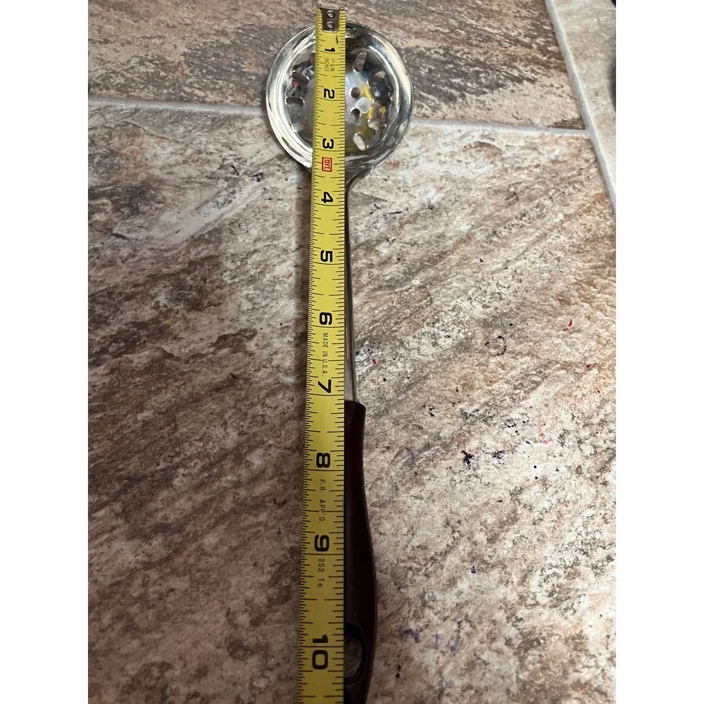 Stainless Steel Slotted Spoon with Pot Rest Clip Brown Handle 10.5 Inch